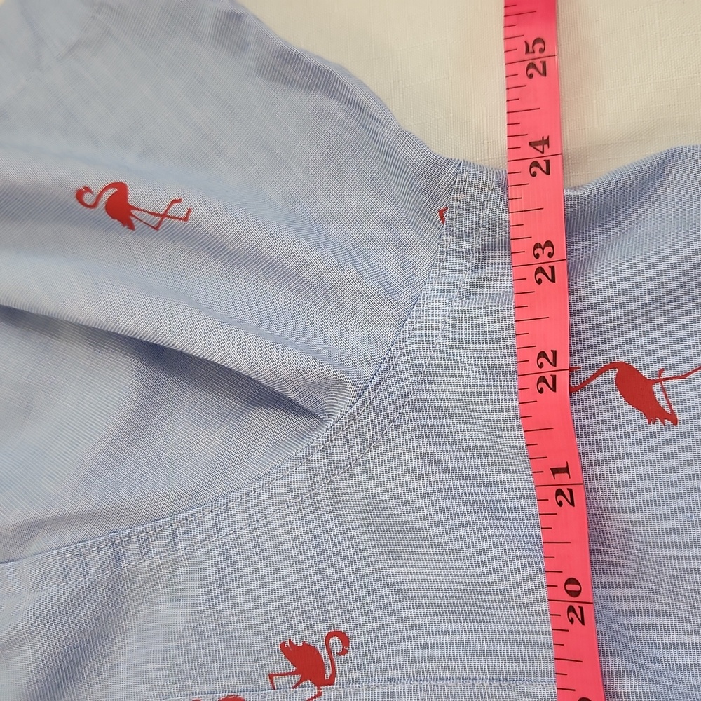 Chaps Easy Care Light Blue Red Flamingo Print Short Sleeve Shirt. Size L - Picture 10 of 11